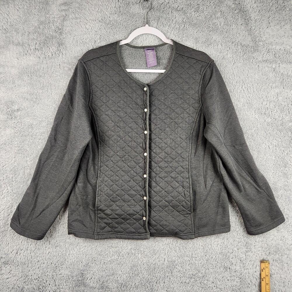 Laura Scott Jacket Womens Large Gray Quilted Pearl Snap Button Pockets Preppy
